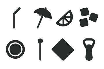 Fototapeta premium Drink Accessory Icons. Solid, filled icon set of drink accessories: straw, cocktail umbrella, lemon wedge, ice cubes, coaster, stirrer, napkin, bottle opener.
