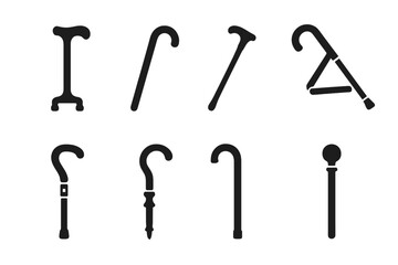 Diverse Cane Icons. Solid, filled icon set of cane types by function: orthopedic cane, fashion cane, hiking cane, folding cane, adjustable cane, decorative