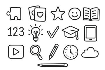 Educational Doodle Icons. Hand-drawn doodle illustration Memory games puzzle piece, cards, star, smiley face, book, numbers, lightbulb, checkmark, graduation