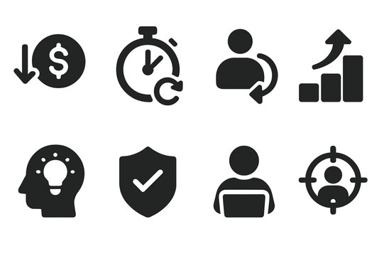 Outsourcing Benefits Icons. Solid, filled icon set of outsourcing benefits: cost reduction, time saving, flexibility, scalability, expertise, innovation, risk