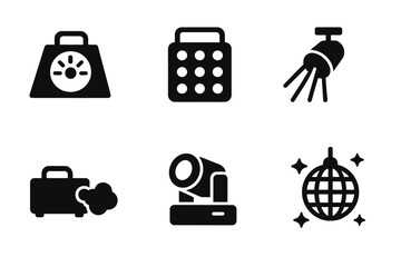 DJ Lighting Icons. Solid, filled icon set of DJ lighting effects: strobe light, LED panel, laser beam, spotlight, disco ball, fog machine, moving head light,