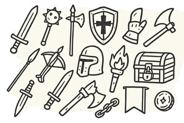 Medieval Weapons Doodle. Hand-drawn doodle illustration medieval weapons sword, mace, halberd, shield, spear, crossbow, helmet, gauntlet, dagger, torch, axe,