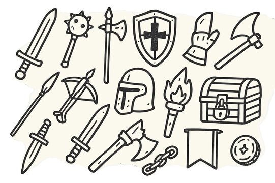 Medieval Weapons Doodle. Hand-drawn doodle illustration medieval weapons sword, mace, halberd, shield, spear, crossbow, helmet, gauntlet, dagger, torch, axe,