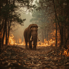 Lone mammoth walking through burning forest