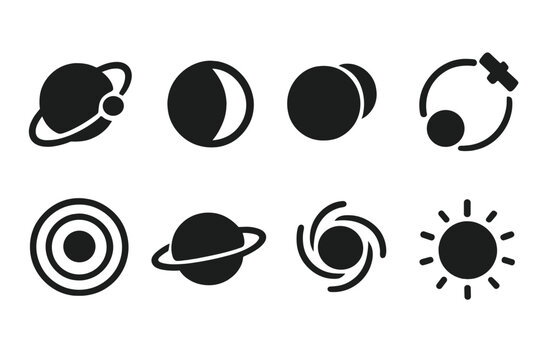 Planetary Icons Collection. Solid, filled icon set of planetary and orbital circles: planet orbit, moon phase, eclipse, satellite path, circular gravity field,