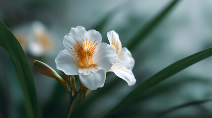 Fototapeta premium White Flower's Gentle Beauty: A delicate display of pure elegance, a close-up shot of a pristine white flower with a touch of golden warmth at its center.