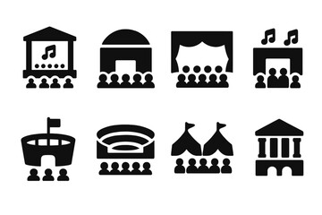 Concert Venue Icons. Solid, filled icon set of concert venues: open air stage, indoor arena, theater, club, stadium, amphitheater, festival ground, concert