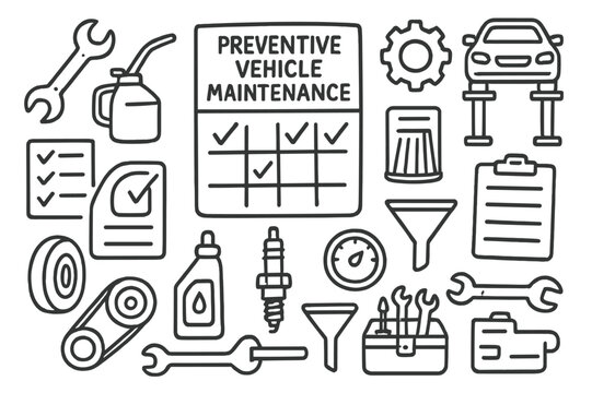 Vehicle Maintenance Doodles. Hand-drawn doodle illustration preventive vehicle maintenance calendar, wrench, oil can, checklist, tire, gauge, belt, fluid