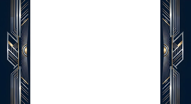 Elegant art deco design with metallic lines and sunburst motif on dark blue background