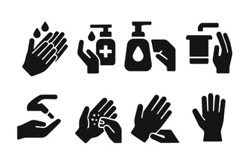 Obraz premium Hand Hygiene Icons. Solid, filled icon set of hand hygiene: washing hands, hand sanitizer, soap dispenser, towel drying, water tap, nail cleaning, hand scrub,