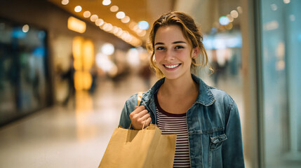 A young, smiling woman is shopping in the mall, a vibrant scene filled with anticipation of retail therapy and leisurely pursuit. With her shopping bag in hand.