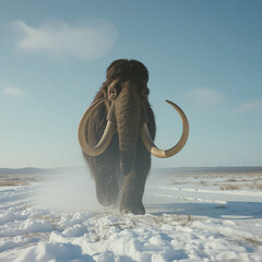Giant mammoth charging through snow