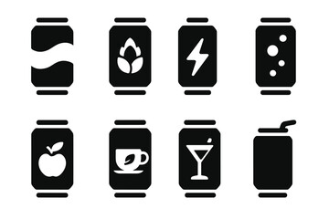 Fototapeta premium Canned Beverage Icons. Solid, filled icon set of canned beverages: cola can, beer can, energy drink, sparkling water can, fruit juice can, iced tea can,