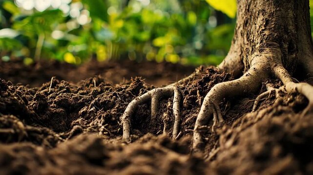 Close-up of tree roots emerging from soil in a lush, green environment.