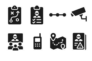 Bodyguard Planning Icons. Solid, filled icon set of bodyguard planning: strategy map, checklist, timeline, surveillance, briefing, radio communication, route