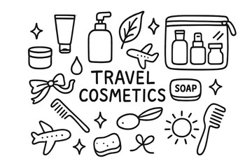 Travel Toiletries Icons. Hand-drawn doodle illustration Travel cosmetics mini cosmetic tube, small jar, pump bottle, travel bag, airplane, toothbrush, soap
