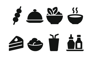 Buffet Icons Grid. Solid, filled icon set of buffet food categories: appetizers, main courses, sides, salads, soups, desserts, beverages, condiments. Solid,