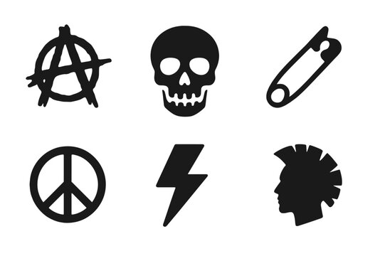 Punk Icon Set. Solid, filled icon set of punk symbols and logos: anarchy symbol, skull, safety pin, graffiti tag, peace sign, lightning bolt, mohawk