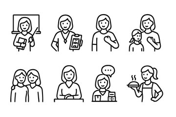 Naklejka premium Mother's Social Roles Icons. Outline icon set of mother?s social roles: teacher, coach, volunteer, friend, counselor, organizer, mentor, chef. Line icons in