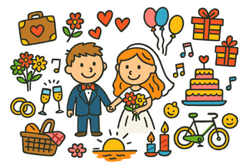 Whimsical Wedding Celebration. Newlyweds. Colorful Hand-drawn doodle Children illustration Couple, hearts, flowers, gifts, cake, champagne glasses, balloons,