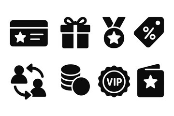 Customer Loyalty Icons. Solid, filled icon set of customer loyalty: rewards card, gift box, medal, discount tag, referral, points accumulation, VIP badge,