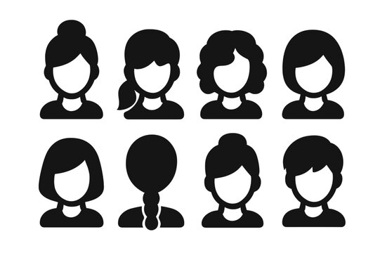 Lady Hairstyles Icons. Solid, filled icon set of lady hairstyles: bun, ponytail, curls, short hair, bob cut, braided hair, updo, pixie cut. Solid, filled icons
