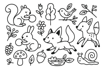 Fototapeta premium Woodland Animal Doodle. Hand-drawn doodle illustration Woodland playtime squirrel, rabbit, fox, deer, bird, nest, mushroom, flower, acorn, pinecone, tree,