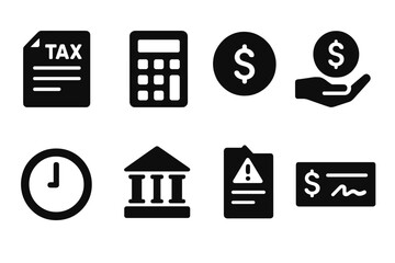 Tax Icon Set. Solid, filled icon set of tax liability: tax form, calculator, dollar sign, tax payment, deadline clock, IRS building, penalty notice, refund