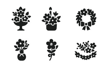 Fototapeta premium Event Floral Icon Set. Solid, filled icon set of event floral decor: gala centerpiece, birthday flowers, funeral wreath, corporate arrangement, baby shower