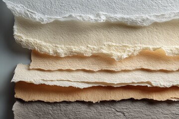 Obraz premium A close-up view of textured, layered sheets of handmade paper in varying shades of cream, beige, and brown, showcasing the unique papermaking process.