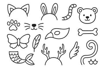 Animal Costume Doodles. Hand-drawn doodle illustration Animal costume guests [cat ears, bunny ears, tiger tail, paw print, whiskers, nose, bear face, butterfly