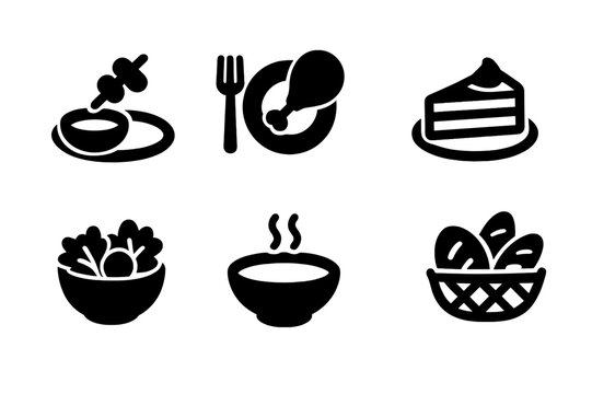Dinner Course Icons. Solid, filled icon set of dinner course types: appetizer, main course, side dish, dessert, salad, soup, cheese plate, bread basket. Line