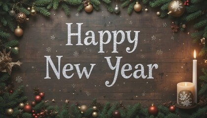 Rustic Wooden Background with Vintage Chalk Happy New Year Lettering