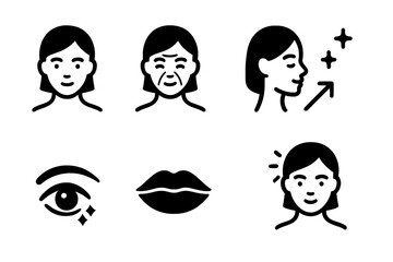 Anti-Aging Icon Set. Solid, filled icon set of anti-aging facial features: smooth skin, wrinkle, fine line, firm jawline, glowing cheek, youthful eye, plump