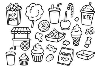 Circus Snacks Doodle. Hand-drawn doodle illustration circus snacks popcorn, cotton candy, caramel apple, soda cup, candy cane, ice cream cone, donut, snack