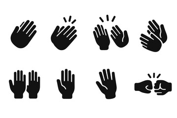 Obraz premium Clapping Gesture Icons. Solid, filled icon set of clapping hands gestures: single clap, double clap, applause, slow clap, hands raised, high five, hand wave,
