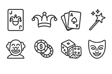 Fototapeta premium Joker Icon Set. Outline icon set of joker theme: joker card, jester hat, playing cards, magic wand, clown face, poker chips, dice, joker mask. Line icons in