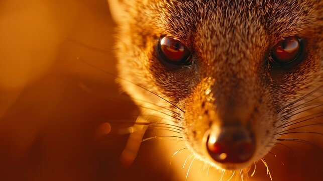 Closeup portrait of a mongoose with intense red eyes bathed in warm golden sunlight