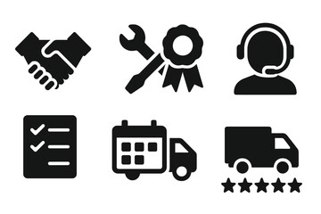 Service Icon Set. Solid, filled icon set of service offers: hand shake, tools, badge, customer support, checklist, calendar, delivery truck, star rating.