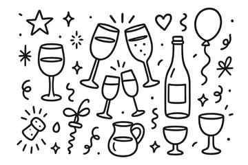 Obraz premium Celebration Doodle Icons. Hand-drawn doodle illustration Celebration toast wine glass, champagne flute, bottle, star, heart, sparkles, balloon, confetti, bow,
