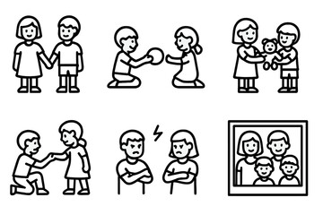 Sibling Interaction Icons. Outline icon set of siblings interactions: holding hands, playing together, sharing toys, sibling hug, helping each other, sibling