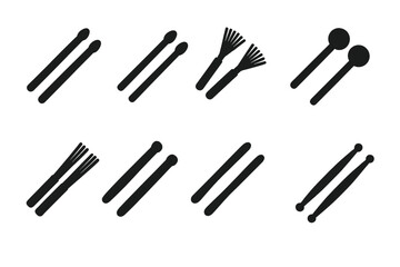 Drumsticks Icon Set. Solid, filled icon set of drumsticks types: wooden drumsticks, nylon tip sticks, brush sticks, mallets, rods, marching sticks, jazz