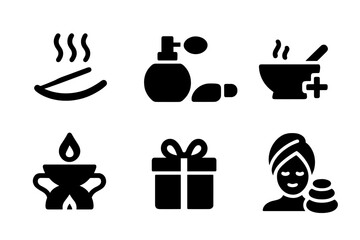 Aroma Culture Icons. Solid, filled icon set of aroma cultural uses: incense burning, perfume making, aromatherapy session, traditional medicine, ritual,