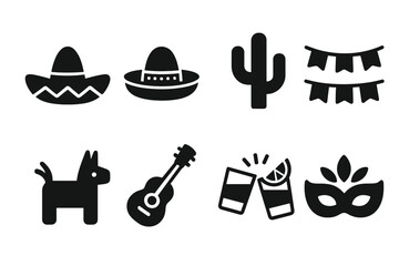 Tequila Culture Icons. Solid, filled icon set of tequila cultural elements: sombrero, mariachi hat, cactus, fiesta flag, pinata, guitar, tequila toast, fiesta