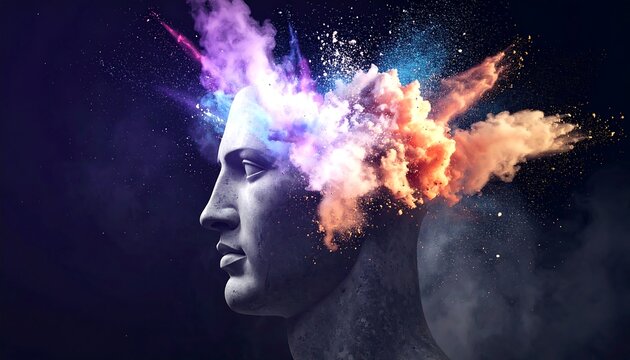 A bust of a face with abstract colorful clouds exploding from the head on a dark background - Powered by Adobe