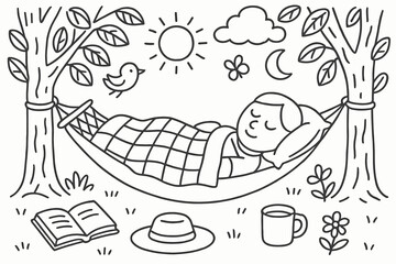 Naklejka premium Hammock Under Trees. Hand-drawn doodle illustration A peaceful nap in a hammock under the shade of trees [hammock, tree, leaves, pillow, blanket, sun, cloud,