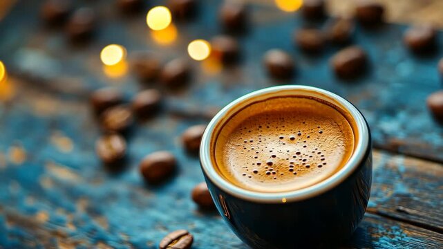 Aromatic Espresso: A close-up image of a freshly brewed espresso in a ceramic cup, surrounded by scattered coffee beans on a rustic wooden surface, captured in an artistic style.