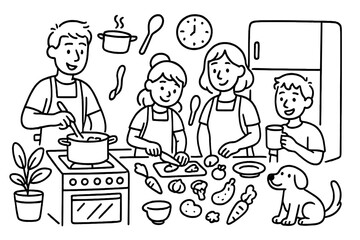 Family Cooking Doodle. Hand-drawn doodle illustration [Family cooking together] [stove, pot, pan, spoon, cutting board, vegetables, family members, apron,