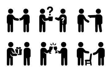 Fototapeta premium Host-Guest Icon Set. Solid, filled icon set of host and guest interactions: handshake, offering drink, answering question, pointing direction, giving gift,