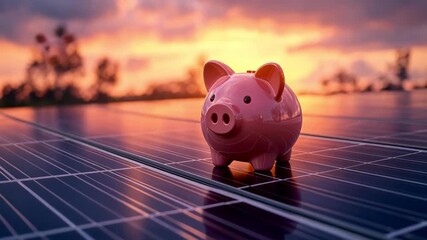 Piggy bank on solar panels at sunset. Saving money with renewable energy. - Powered by Adobe